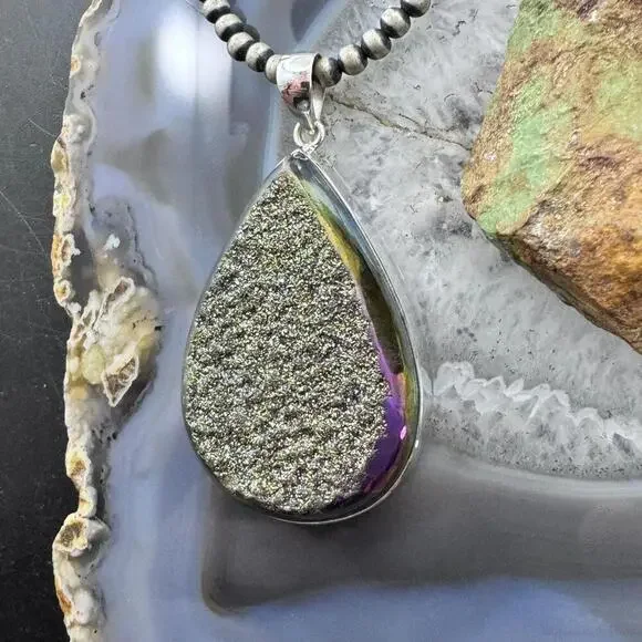 Sterling Silver Large Teardrop Druzy Quartz Double Sided Fashion Pendant - Picture 5 of 9